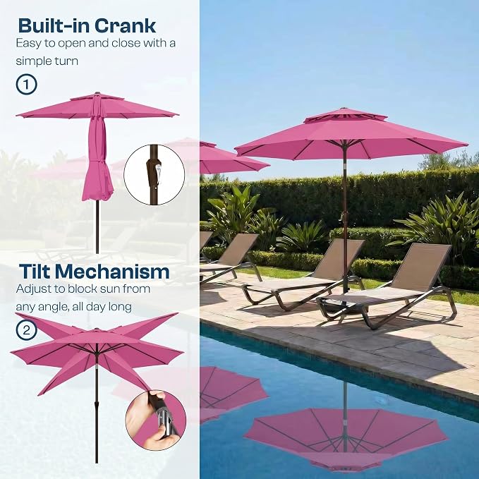 10FT Patio Umbrella, 2 Tier Outdoor Table Umbrella, Large Vented Market Umbrellas with Push Button Tilt and Crank, 8 Sturdy Ribs for Backyard, Deck, Pool, UPF50+ UV Protection