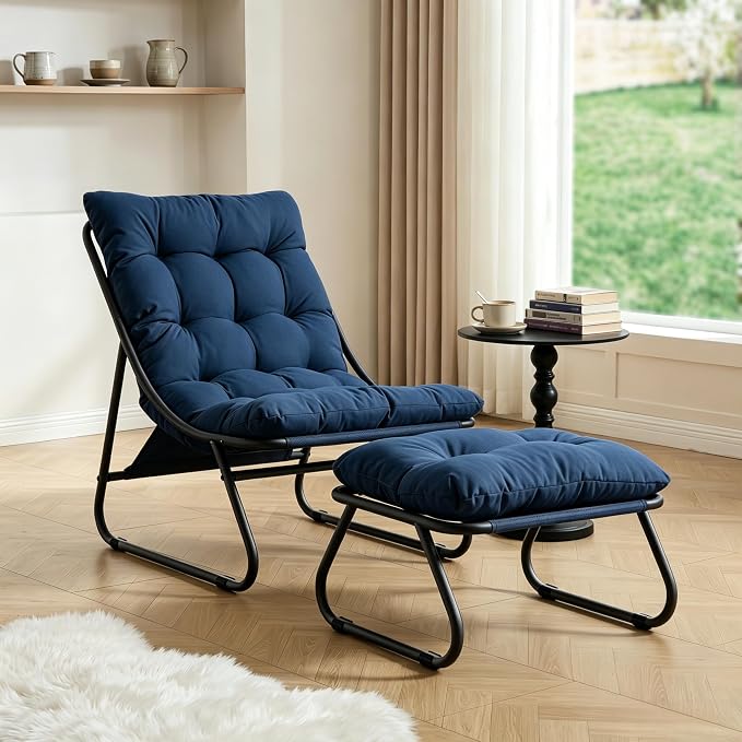 Rocking Chair with Ottoman, Modern Metal Frame Outdoor Rocker, Comfy Patio Lounge Chair with Footrest, Reading Glider Chairs for Living Room, Bedroom, Balcony, Garden, Relax, Navy Blue