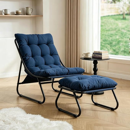 Rocking Chair with Ottoman, Modern Metal Frame Outdoor Rocker, Comfy Patio Lounge Chair with Footrest, Reading Glider Chairs for Living Room, Bedroom, Balcony, Garden, Relax, Navy Blue