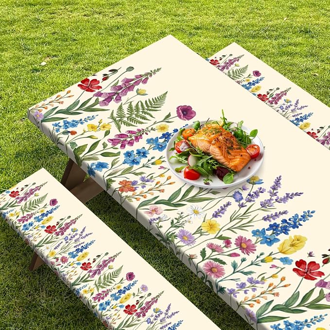 Picnic Table Cover with Bench Covers, Cottagecore Camper, 72 Inch | 3PCS Waterproof Fitted Tablecloth Elastic Edges Outdoor Camping Essentials with Drawstring Bag