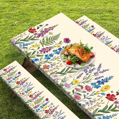 Picnic Table Cover with Bench Covers, Cottagecore Camper, 72 Inch | 3PCS Waterproof Fitted Tablecloth Elastic Edges Outdoor Camping Essentials with Drawstring Bag