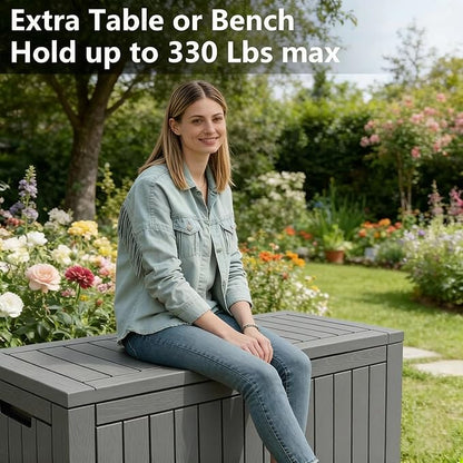 120 Gallon Outdoor Storage Box, Resin Deck Boxes Outdoor Waterproof For Patio Furniture, Garden Tools, Pool Supplies, Durable And UV Resistant, Lockable（Gray）