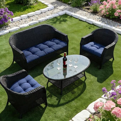 Wicker Chair Cushions of 3 Pieces, Waterproof Cushions for Patio Furniture, Tufted Wicker Outdoor Furniture Cushions, 1 Patio Loveseat Cushion and 2 U-Shaped Cushions, 44"x19"x5", Navy Blue