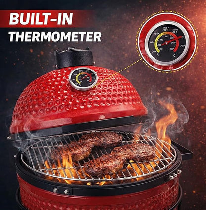 13-in W Kamado Grill with Built-in Thermometer, Oval Grill with Cast Iron Grates, Bamboo handle, Portable Ceramic Grills with Low Stand for Backyard, Patio, Deck grilling, Red