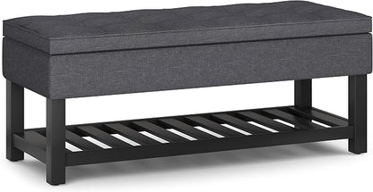 SIMPLIHOME Cosmopolitan Storage Ottoman Bench - 44 inch Wide Upholstered Linen Look Fabric Rectangle Storage Ottoman in Slate Grey, Transitional Bench for Bedroom with Tufted Lift-Top and Open Shelf