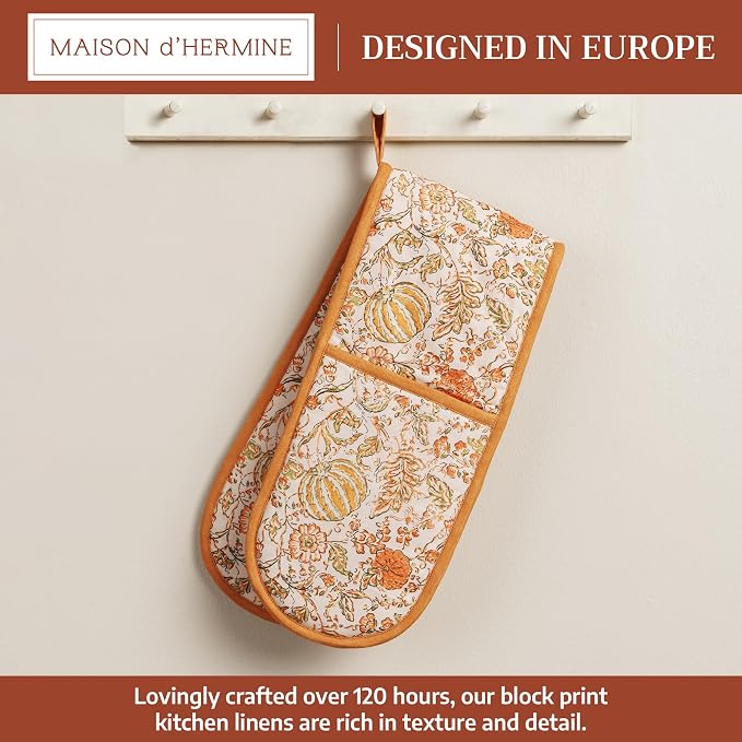 Maison d' Hermine Double Oven Mitts 100% Cotton Double Oven Glove (7"x35") | Heat Resistant BBQ Cooking Gloves with Loop Baking Kitchen Home Hotel Farmhouse Thanksgiving Christmas - Pumpkin Spice