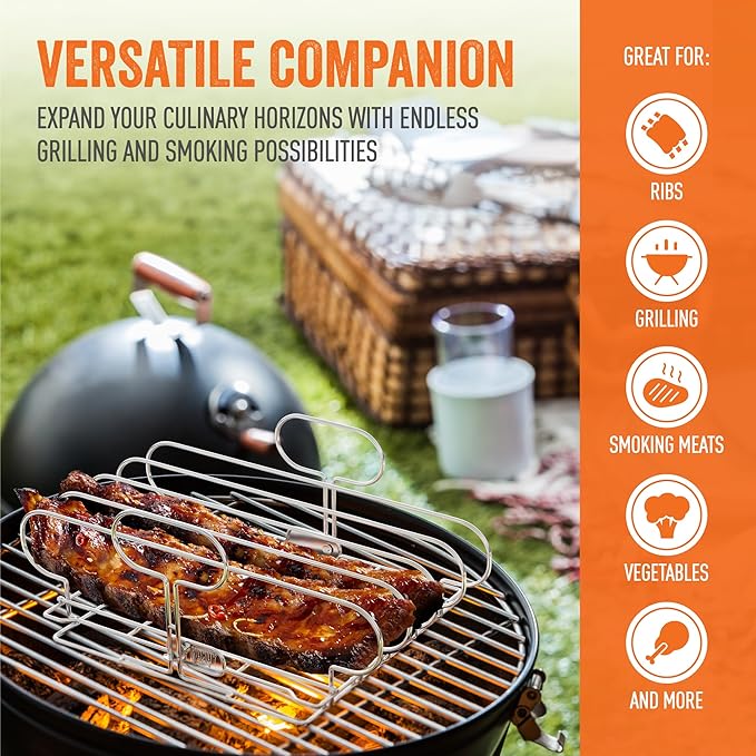 Yukon Glory Stainless Steel BBQ Rib Rack for Grill or Smoker, Upright Collapsible Rib Holder, Holds 4 Racks, Dishwasher Safe