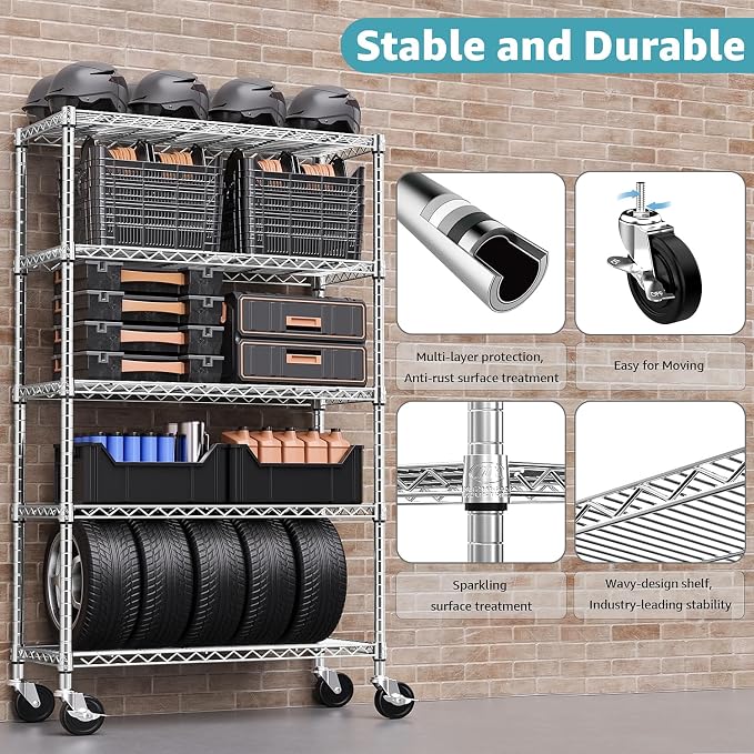 M MZG 5-Shelf Storage Shelves,Wire Shelving Heavy Duty Metal Storage Shelving Unit Adjustable Garage Shelving Rack Pantry Kitchen (Chrome, 5 Tier,17.7" D x 47.2" W x 76.7" H) (Pack of 2)