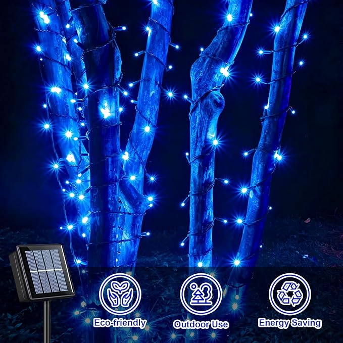 QITONG 2 Pack Blue Solar String Lights, Each 66ft 200 LED Christmas Lights Outdoor Waterproof, 8 Modes Green Wire Solar Twinkle Lights