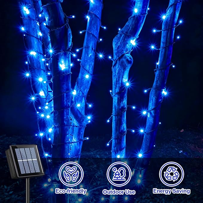 QITONG 2 Pack Blue Solar String Lights Outdoor Waterproof, Each 33ft 100 LED Christmas Light, 8 Modes Green Wire Blue Lights for Pool Garden Patio Yard Tree Party Wedding
