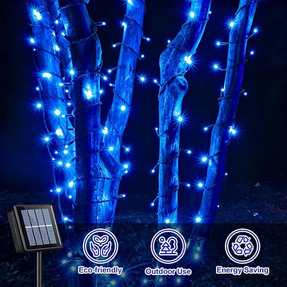 QITONG 2 Pack Blue Solar String Lights Outdoor Waterproof, Each 33ft 100 LED Christmas Light, 8 Modes Green Wire Blue Lights for Pool Garden Patio Yard Tree Party Wedding