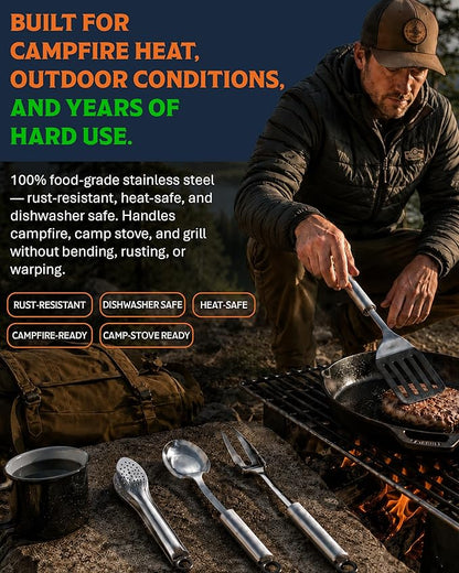 Life2Go 12 Piece Stainless Steel Camping Cooking Utensils Set, Portable Outdoor Kitchen Kit with Chef Knife, Tongs, Spatula, Scissors, Camp Cooking Gear with Carry Case for Hiking, BBQ & Travel, Gray
