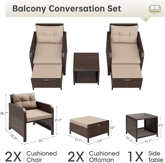 5 Piece Patio Furniture Set, PE Wicker Outdoor Furniture Set with Soft Cushions & Coffee Table, Outdoor Lounge Chairs with Ottoman for Porch, Lawn, Balcony, Beige-Brown