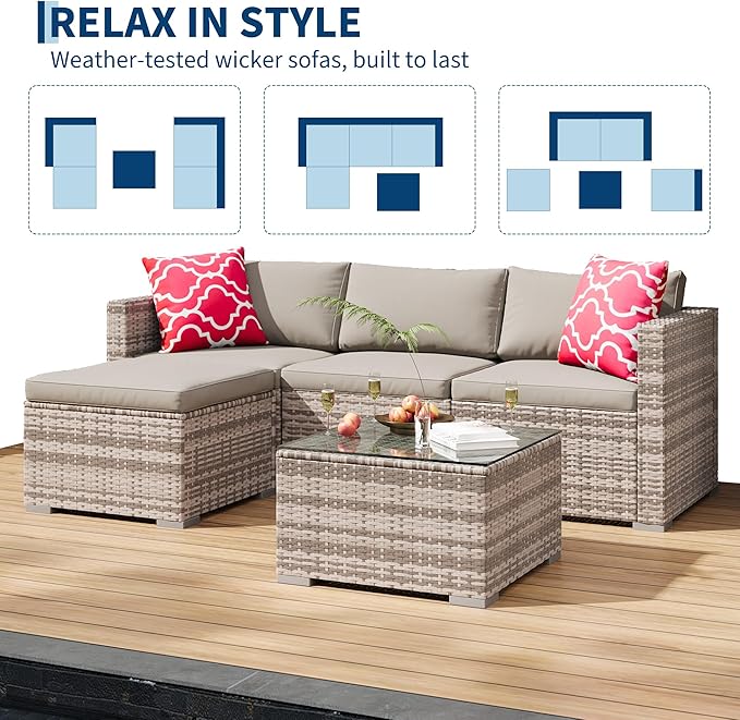 5-Piece Outdoor Sectional Sofa Set, All-Weather PE Rattan Patio Furniture with Ottoman & Tempered Glass Table, Convertible Garden Couch for Backyard, Porch, Poolside (Gray)