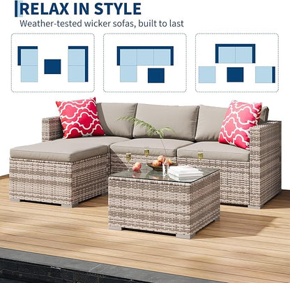 5-Piece Outdoor Sectional Sofa Set, All-Weather PE Rattan Patio Furniture with Ottoman & Tempered Glass Table, Convertible Garden Couch for Backyard, Porch, Poolside (Gray)