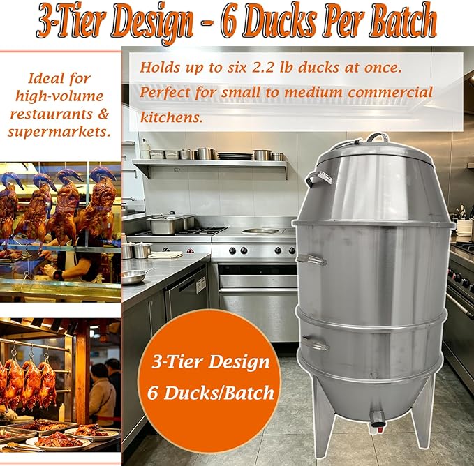 3-Tier Commercial Charcoal Duck Roaster, 23.6"x53" Stainless Steel BBQ Oven with Oil-Water Separation, Adjustable Ventilation, Roasts 6 Ducks per Batch for Restaurant Food Market