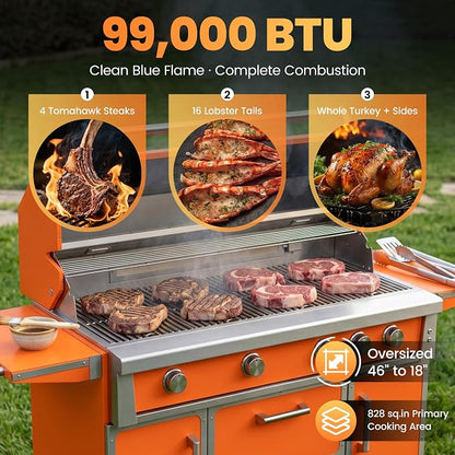 49" Orange Stainless Steel Grill, 4 Burners & Infrared Burner, Natural Gas | 99,000 BTU dual-lined hood easy ignition warming rack versatile cooking space storage drawers gliding wheels
