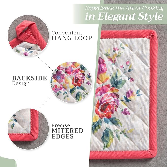 Maison d' Hermine Pot Holders 100% Cotton Heat Resistant Potholders 8" x 8" Hot Pads with Loop BBQ Cooking Baking Hotel Farmhouse Kitchen Handling Hot Pans Spring Summer (Pack of 1, Rose Garden)