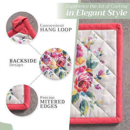 Maison d' Hermine Pot Holders 100% Cotton Heat Resistant Potholders 8" x 8" Hot Pads with Loop BBQ Cooking Baking Hotel Farmhouse Kitchen Handling Hot Pans Spring Summer (Pack of 1, Rose Garden)