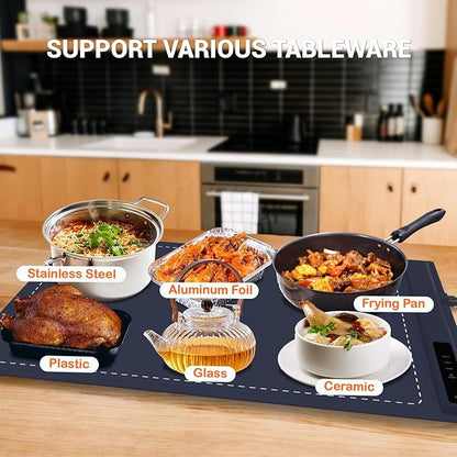 Electric Warming Tray - 3 Modes &Full Surface Heating,Rollable & Portable,Premium Silicone Nano-Material,3 Temperature Settings,Auto Shut-Off -Versatile Food Warmer for Gatherings,Parties (Dark Blue)