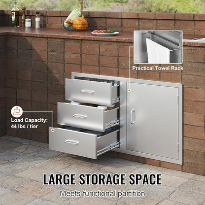 Vevor Outdoor Kitchen Door Drawer Combo 38.1''W x 22.6''H x 20.8''D, BBQ Access Door/Triple Drawers Combo with Stainless Steel Handles, Perfect for BBQ Island Patio Grill Station
