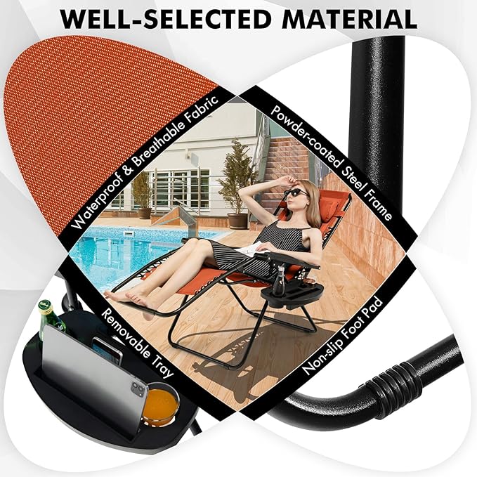 Giantex Zero Gravity Reclining Chair, Outdoor Patio Recliner with Cup Holder & Removable Pillow, Adjustable Backrest, Indoor Lounge Chair for Backyard, Garden, Poolside (Orange)