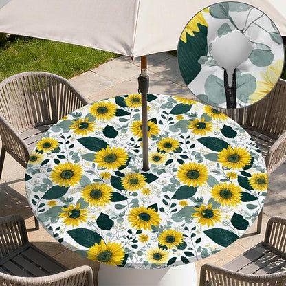 Outdoor Tablecloth with Umbrella Hole and Zipper Fits 37-44" Tables | Waterproof Round Fitted Tablecloth with Elastic Edge, Wipeable Outdoor Table Cover for Patio, Garden, Picnic