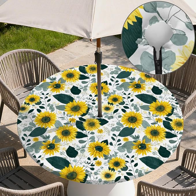 Outdoor Tablecloth with Umbrella Hole and Zipper Fits 32-36" Tables | Waterproof Round Fitted Tablecloth with Elastic Edge, Wipeable Outdoor Table Cover for Patio, Garden, Picnic