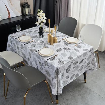 LIBERECOO Monochrome Leaf Whisper Vinyl Tablecloth with Flannel Backing – Elegant Black & White Leaf Design – Waterproof, Durable, Lightweight