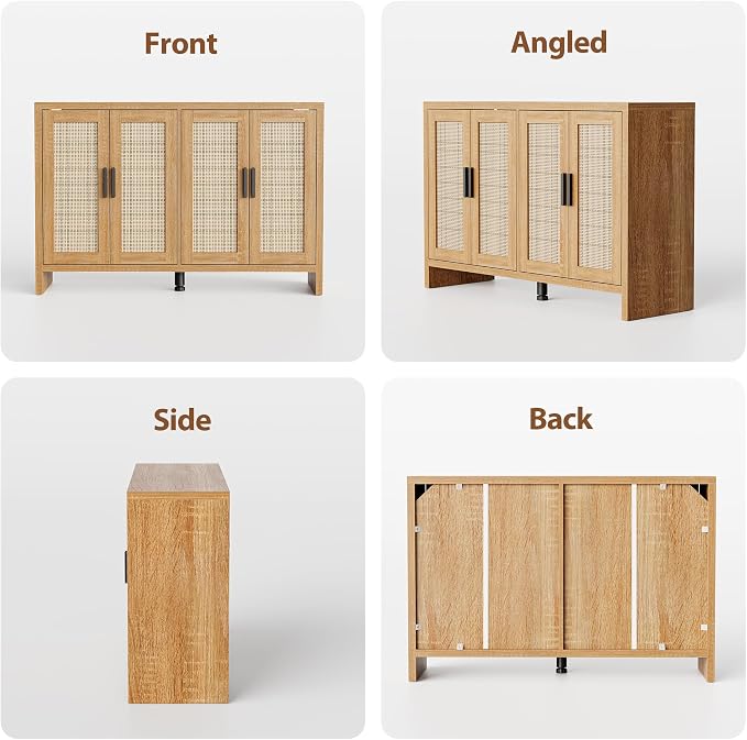 Rattan Buffet Cabinet with Storage, Sideboard Cabinet with Doors and Adjustable Shelves, Farmhouse Coffee Bar Station Table, Modern Wood Cupboard for Kitchen, Livingroom and Dining Room
