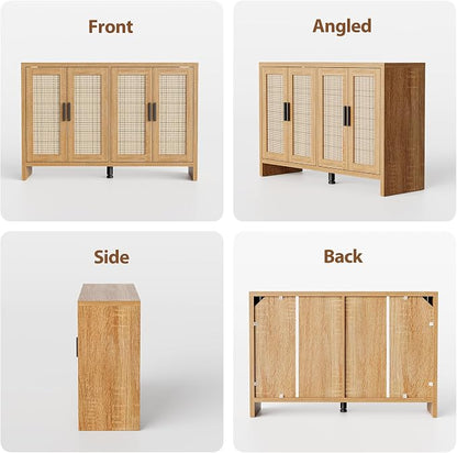 Rattan Buffet Cabinet with Storage, Sideboard Cabinet with Doors and Adjustable Shelves, Farmhouse Coffee Bar Station Table, Modern Wood Cupboard for Kitchen, Livingroom and Dining Room