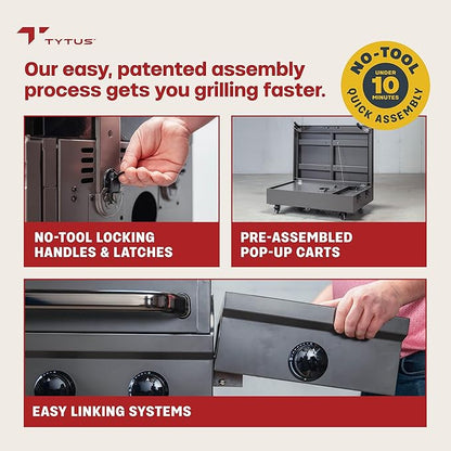 Tytus Anaheim 4-Burner Gas Grill with Two Prep Carts, Pellet Smoker, and Gas Griddle with Cover, Light, and Baking Stone - Modular Outdoor Kitchen, Quick Assembly, Grill for Outdoor Cooking