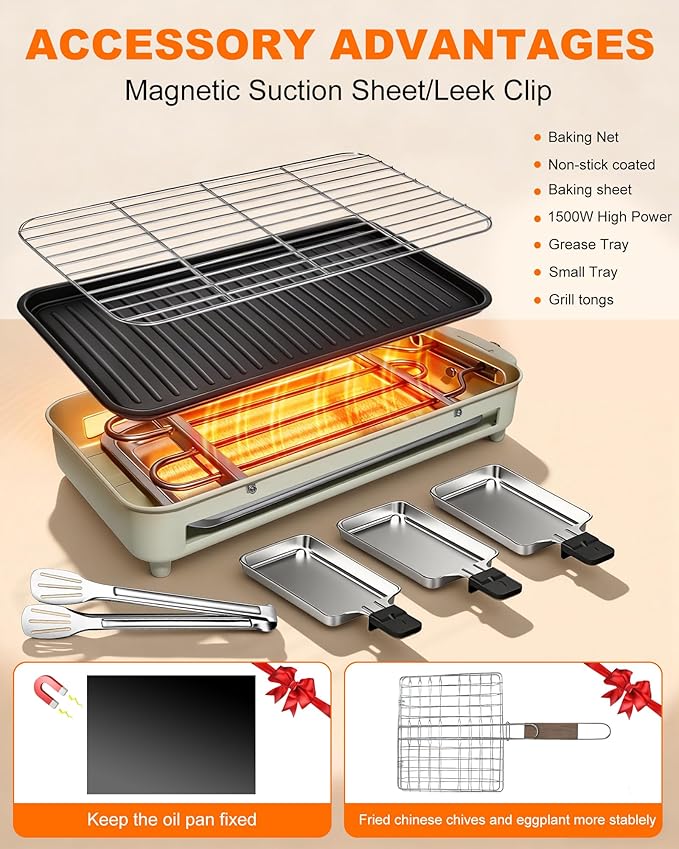 1500W Smokeless Electric Indoor Grill, 3 in 1 Korean Barbecue Grill with Net & Non-Stick Removable Plate and Velcro, Temperature Control & Dishwasher Safe, Smokeless Korean BBQ for Kitchen Party