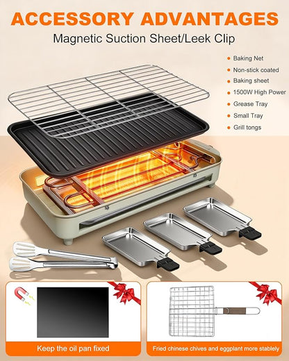 1500W Smokeless Electric Indoor Grill, 3 in 1 Korean Barbecue Grill with Net & Non-Stick Removable Plate and Velcro, Temperature Control & Dishwasher Safe, Smokeless Korean BBQ for Kitchen Party