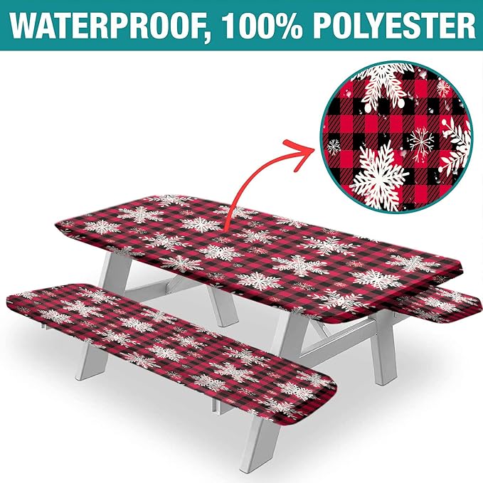 Christmas Picnic Table Cover with Bench Covers, Snowflakes On Buffalo Plaid Background Print Fitted Tablecloth and Seats Cover, 3 Pieces Set, for Travel Spring Picnics Parties Outdoor Use, Black Red