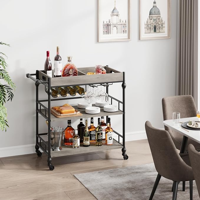 Garvee Bar Cart with Wheels, 3-Tier Rolling Serving Cart with Removable Tray, Mobile Kitchen Beverage Cart with Wine Rack & Glass Holder, Retro Roman Column Design, 35.4 x 15.7 x 34.1 Inches, Grey