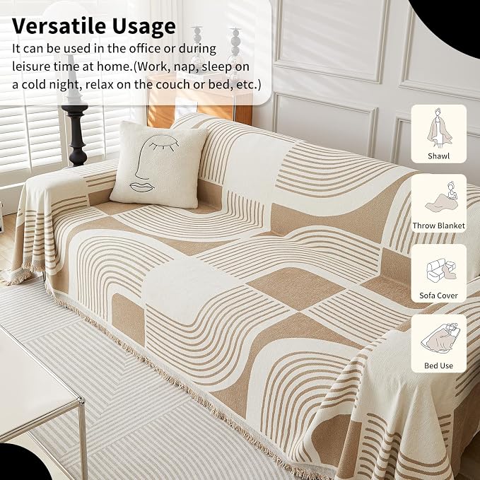 WEYOND Boho Couch Cover, Chenille Sofa Covers Washable, 71" x 102", Khaki | Couch Covers for 3 Cushion Couch Sofa Pet Friendly, Bohemian Sofa Slipcovers for Sectional Sofa, Loveseat, 2 3 4 Seater