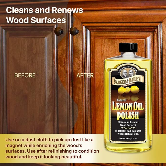 Parker & Bailey Lemon Oil Polish, Natural Lemon Scented Furniture Cleaner & Wood Table Cleaner, Renews & Restores a Finish for Woods, Protects from Drying or Cracking, Leaves a Shiny Finish, 16 oz