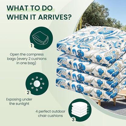 HARBOREST Outdoor Chair Cushions Set of 4, Water Resistant Patio Chair Cushions with Ties, Outdoor Seat Cushions for Patio Furniture, 17"x16"x2", Blue Butterfly