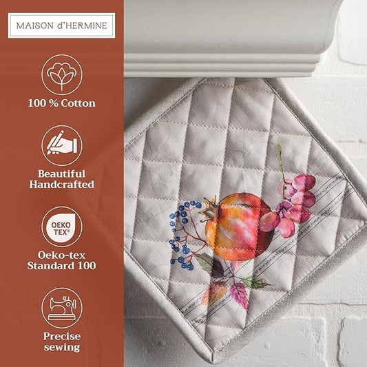 Maison d' Hermine Pot Holders Set 100% Cotton Heat Resistant Potholders 8" x 8" Hot Pads with Loop for Thanksgiving Christmas Decorations BBQ Baking Handling Hot Pans (Pack of 2, Fruit D'Hiver)