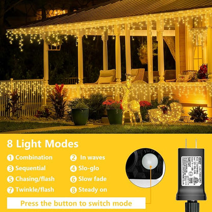 YEGUO 33ft 400 LED Icicle Lights Outdoor, 80 Drops Icicle Christmas Light Connectable, 8 Modes Warm White Xmas Icicle Lights with Timer Indoor