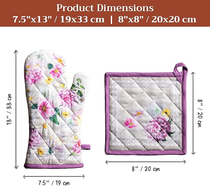 Maison d' Hermine 100% Cotton Oven Mitt & Pot Holder Set (7.5"x13" & 8"x8") Heat Resistant BBQ Cooking Gloves with Loop Baking Grilling Kitchen Hotel Home Farmhouse Spring Summer (Pivoine)