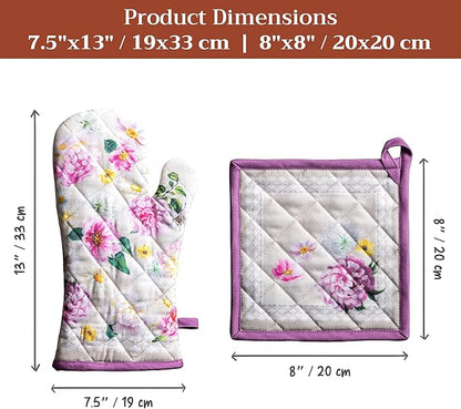 Maison d' Hermine 100% Cotton Oven Mitt & Pot Holder Set (7.5"x13" & 8"x8") Heat Resistant BBQ Cooking Gloves with Loop Baking Grilling Kitchen Hotel Home Farmhouse Spring Summer (Pivoine)