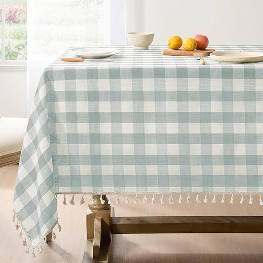 Softalker Checkered Tablecloth Rectangle, Outdoor Linen Cotton Gingham Table Cloth with Tassel, Heavy Duty Wrinkle Free Buffalo Plaid Table Cover for Kitchen Dining Summer Party - 55 x 102 Inch, Aqua
