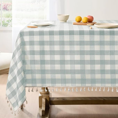 Softalker Checkered Tablecloth Square, Outdoor Linen Cotton Gingham Table Cloth with Tassel, Heavy Duty Wrinkle Free Buffalo Plaid Table Cover for Kitchen Dining Summer Party - 55 x 55 Inch, Aqua