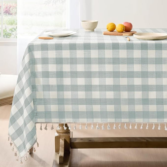 Softalker Checkered Tablecloth Rectangle, Outdoor Linen Cotton Gingham Table Cloth with Tassel, Heavy Duty Wrinkle Free Buffalo Plaid Table Cover for Kitchen Dining Summer Party - 55 x 120 Inch, Aqua