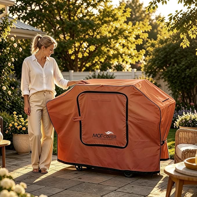 Exclusive Foldable 82 inch Grill Cover, 600D Heavy Duty XXL Outdoor BBQ Cover for 6 Burners Grill Weber Nexgrill CharBroil Monument, Caramel