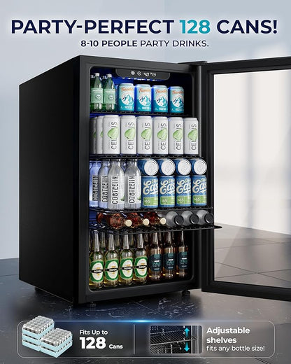 EUHOMY Beverage Refrigerator and Cooler, 128 Can Mini fridge with Glass Door, Small Refrigerator with Adjustable Shelves for Soda Beer or Wine, Home/Bar/Office, Black