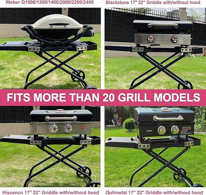 Portable Grill Cart for Weber Q1200, Q1000, Q2200, Q2000, Collapsible Griddle Stand for Blackstone 17" 22" Table Top Griddles, Outdoor Portable Folding Cart