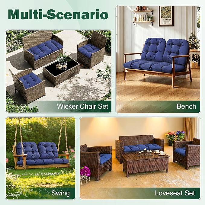 Outdoor Wicker Chair Cushions, 44×19×4 in, Waterproof, Navy Blue | Waterproof Wicker Furniture Cushions, Fade Resistant, 3 Piece Patio Furniture Cushions Set for Bench, Loveseat, Swing, Settee